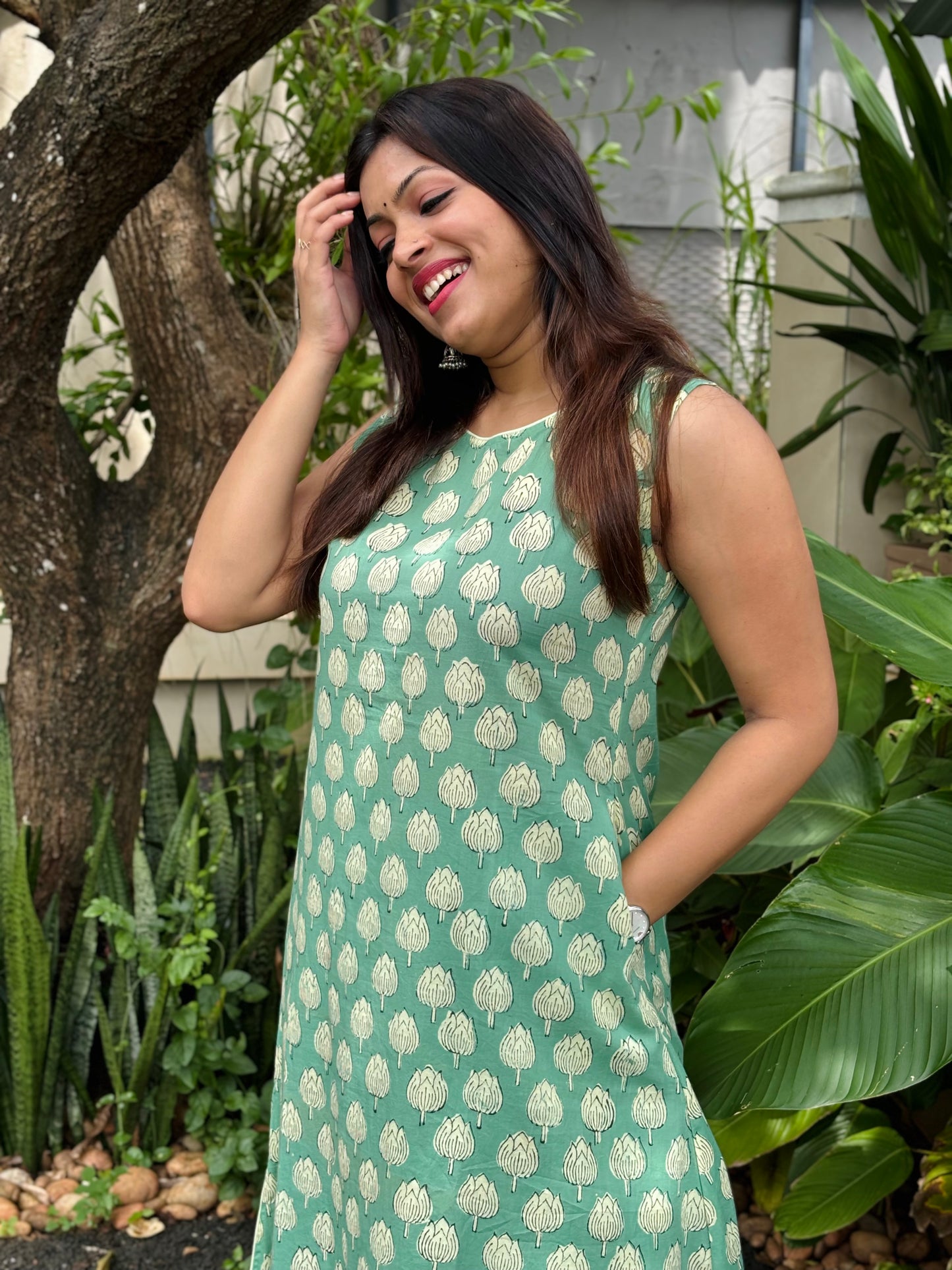 Sea Green Dabu Print Co-ord Set - (With Attachable Sleeves)