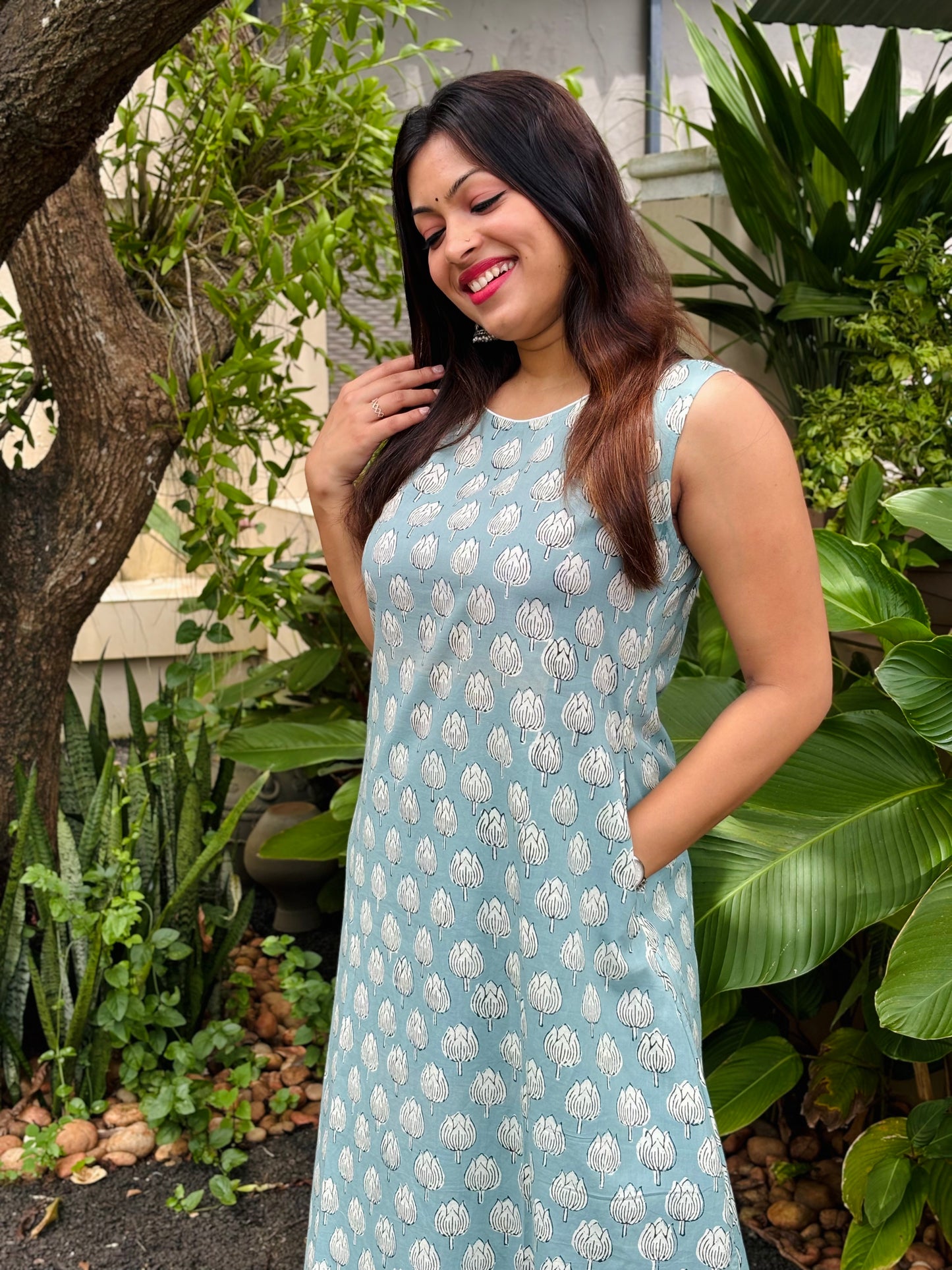 Powder Blue Dabu Print Co-ord Set - (With Attachable Sleeves)