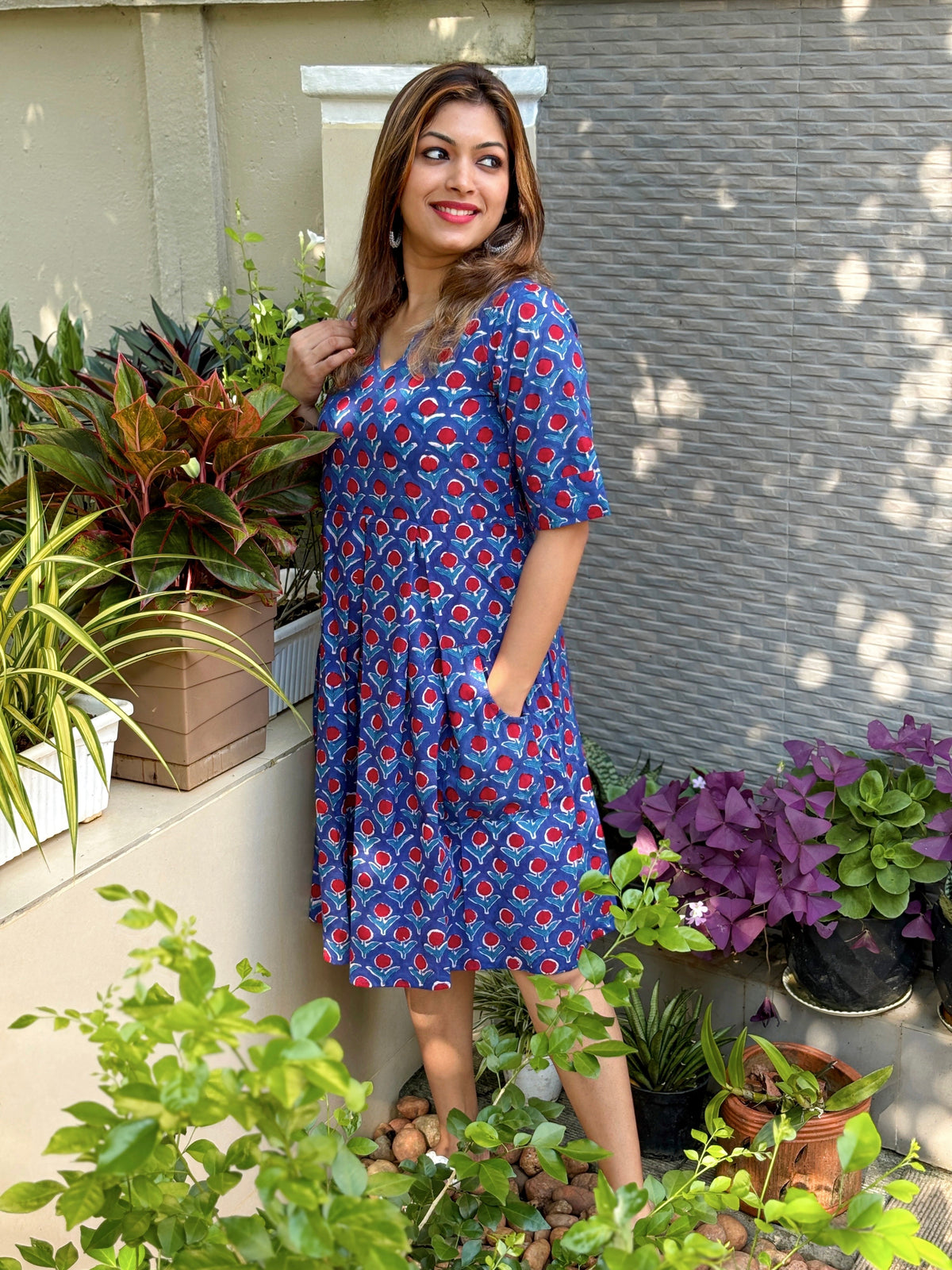 Blue Floral Block Printed Dress