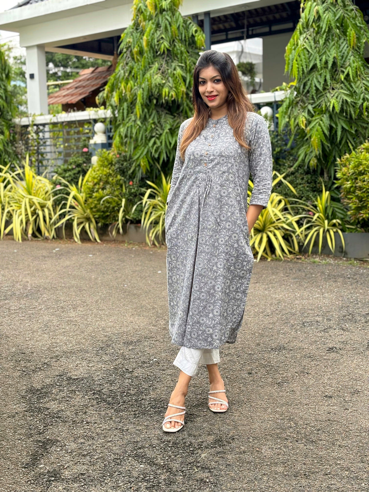 Grey Hand block Print Cotton Kurta