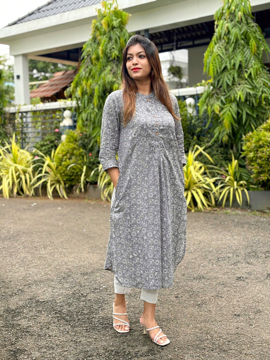 Grey Hand block Print Cotton Kurta
