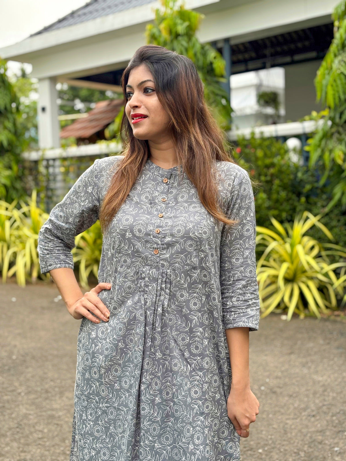 Grey Hand block Print Cotton Kurta