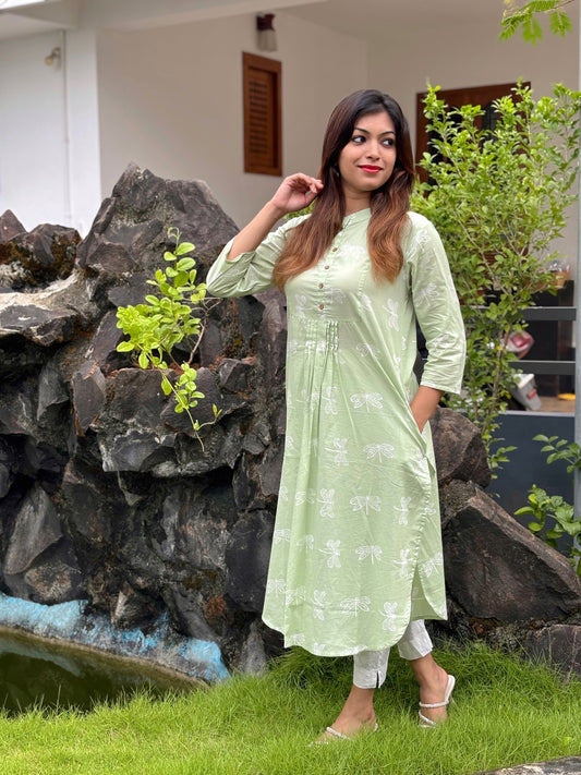 Pastel Green Hand block Print Cotton Kurta