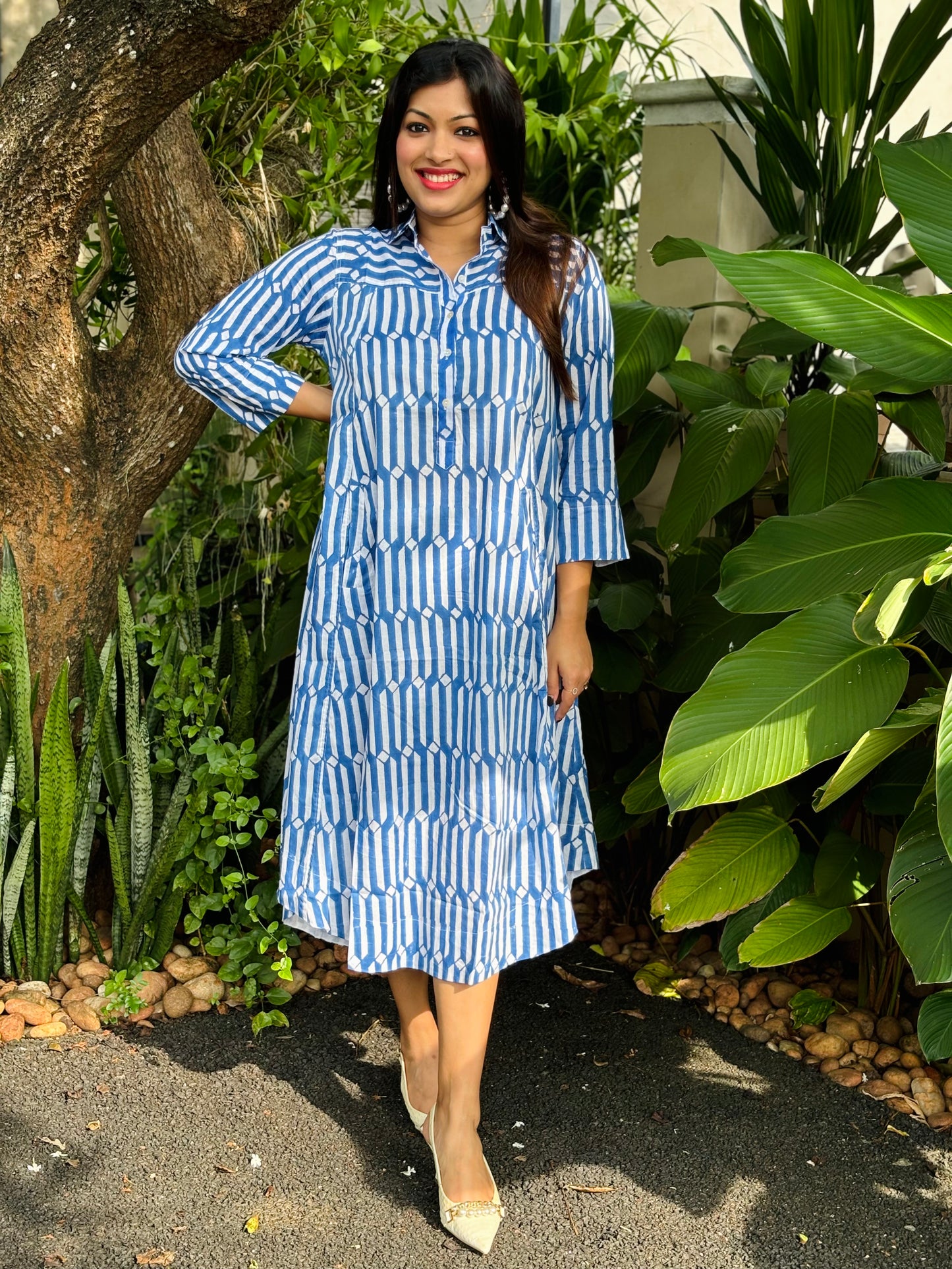 NEW! Blue and White Block Print A-Line Dress