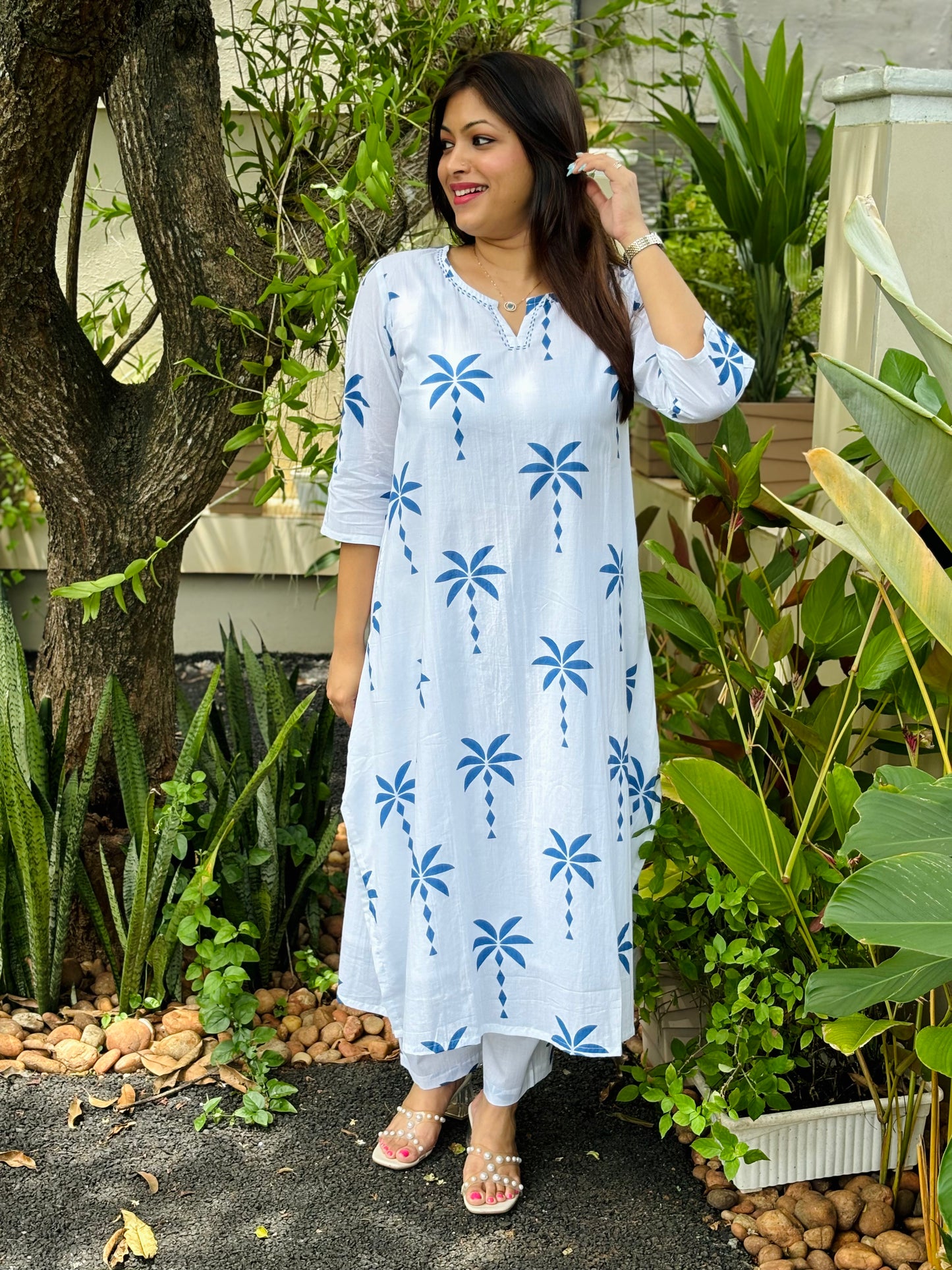 White and Blue Tropical Print Co-ord Set ( With Lining)