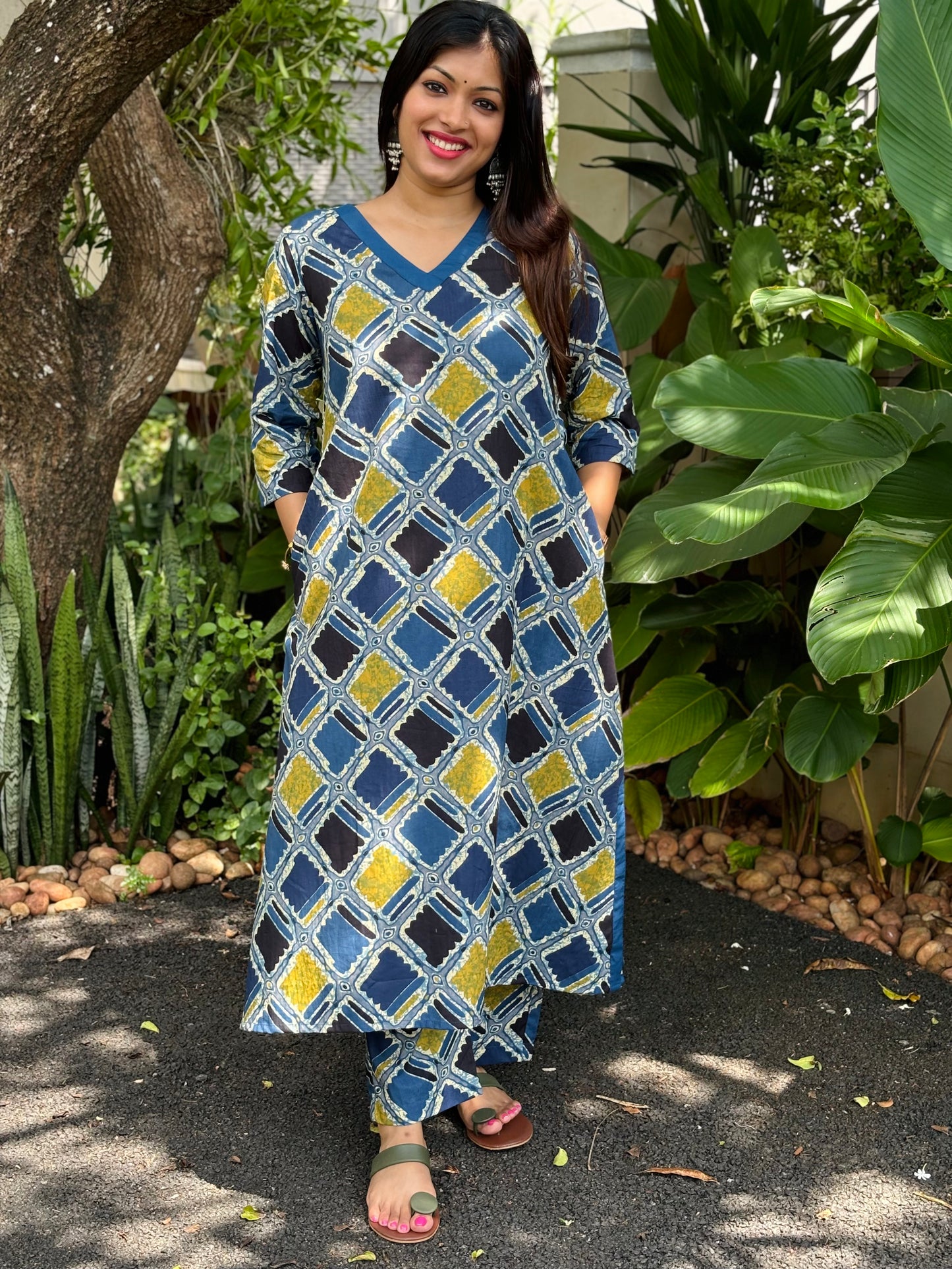 Teal Blue Geometry Ajrakh Print Cotton Co-ord Set