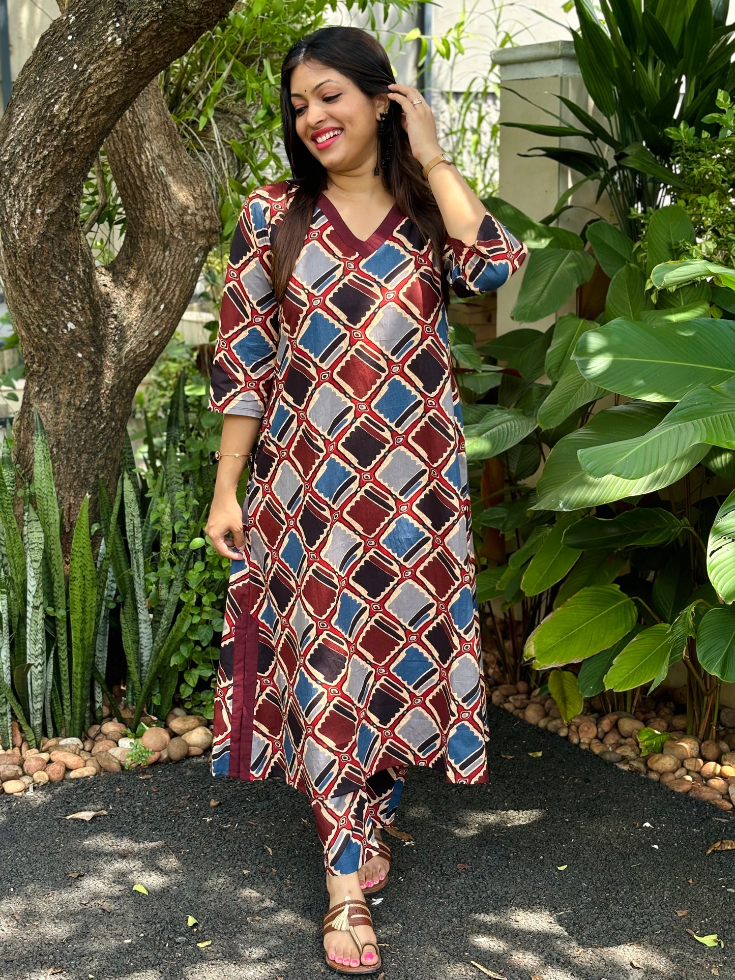 Maroon Geometry Ajrakh Print Cotton Co-ord Set