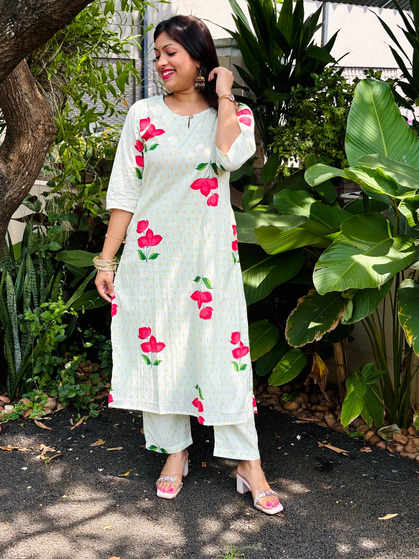 Light Pista Green Floral Cotton Co-ord Set