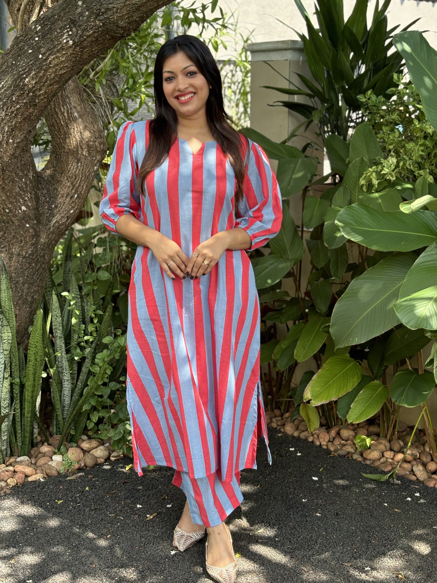 Tomato Red and Grey Stripes Cotton Co-ord Set