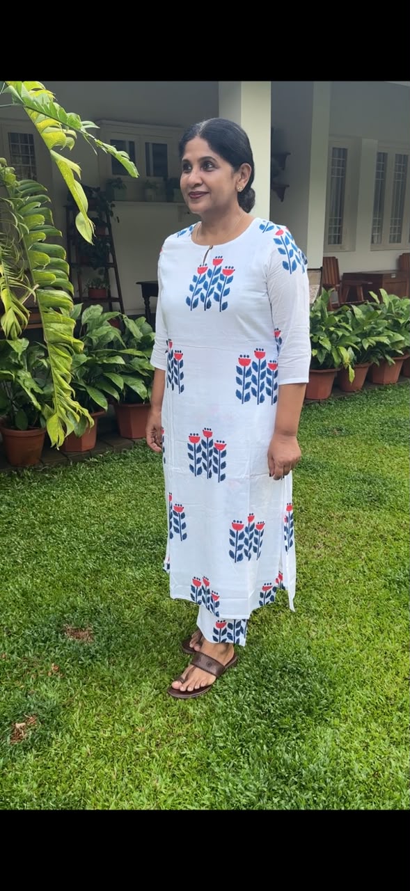 Blue Floral Block Printed Co-ord Set  - WITH LINING