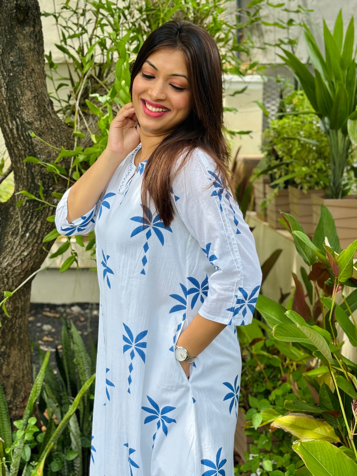 White and Blue Tropical Print Co-ord Set ( With Lining)