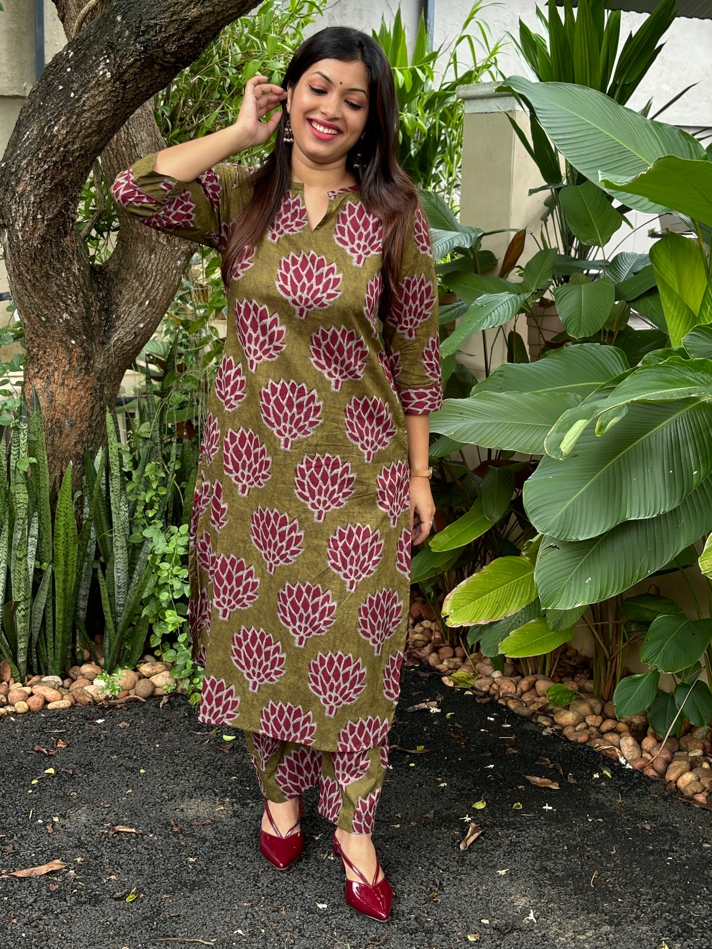 NEW! Olive Green with Maroon Floral Cotton Co-ord Set