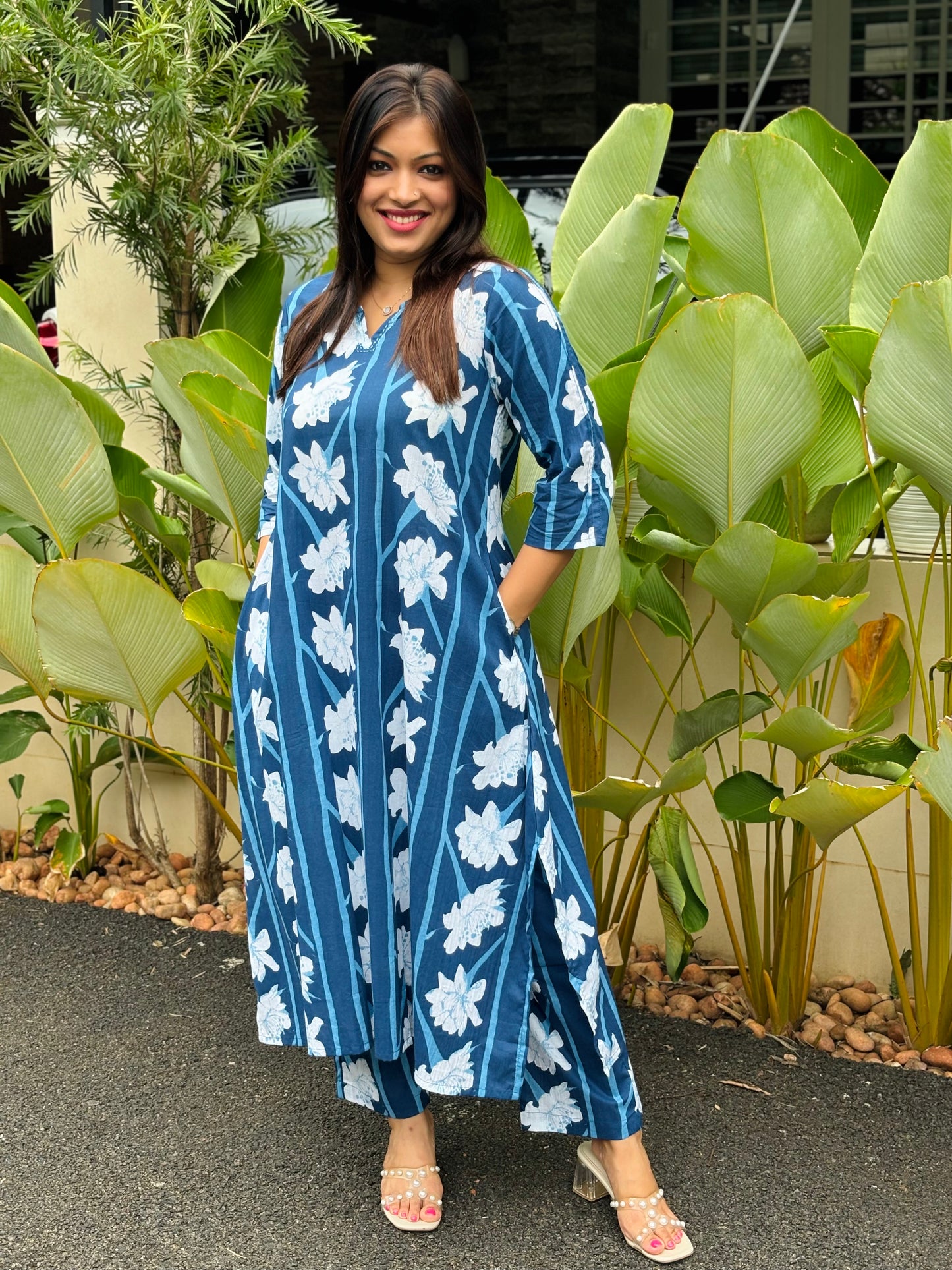 Indigo Blue Modern Floral Cotton Co-ord Set