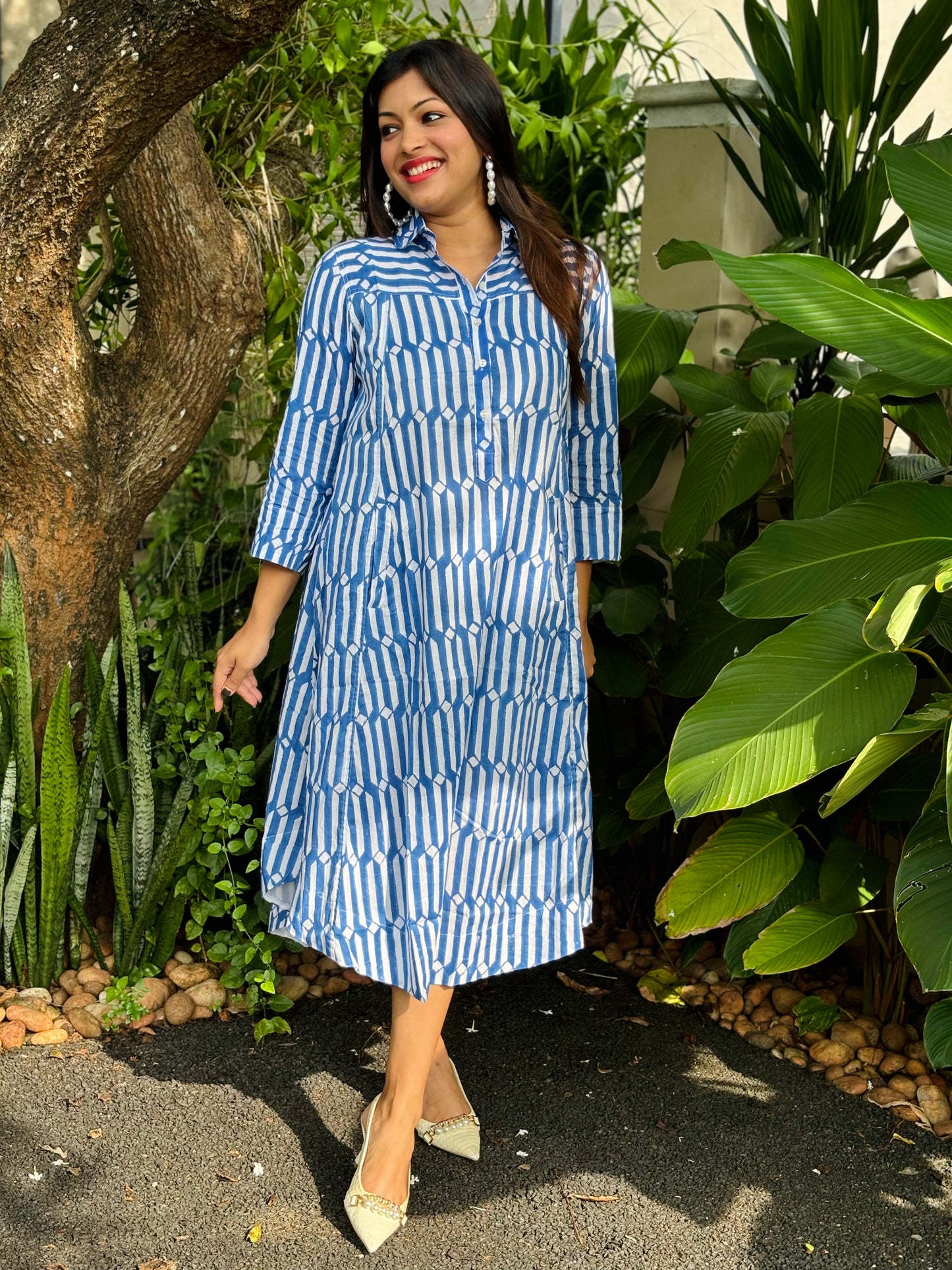 NEW! Blue and White Block Print A-Line Dress