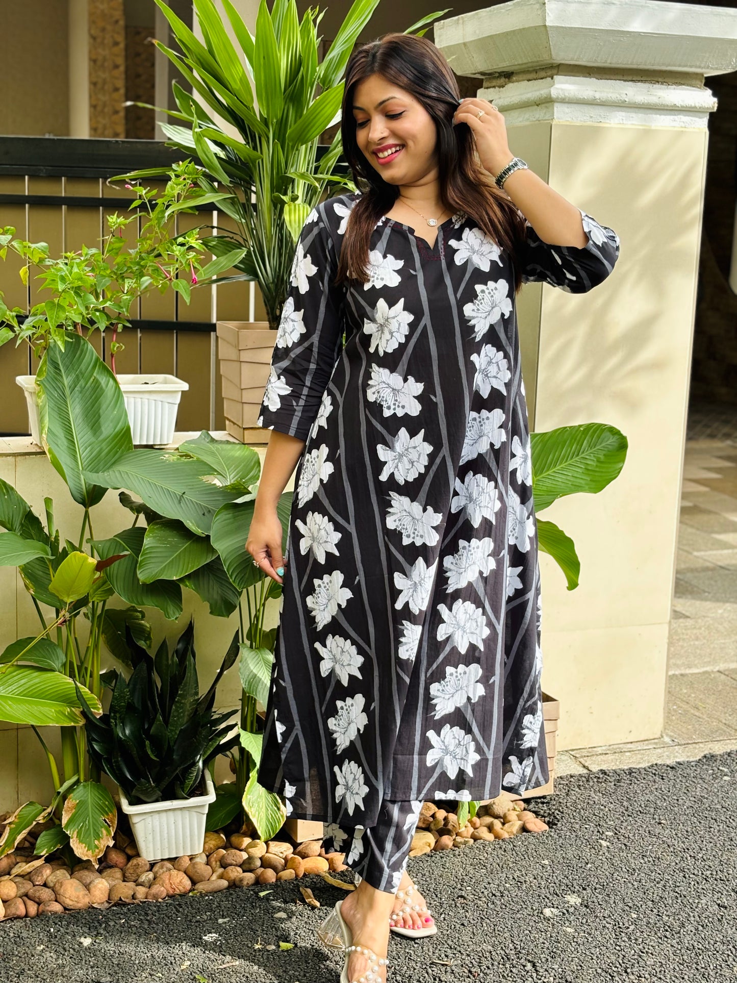Black Modern Floral Cotton Co-ord Set