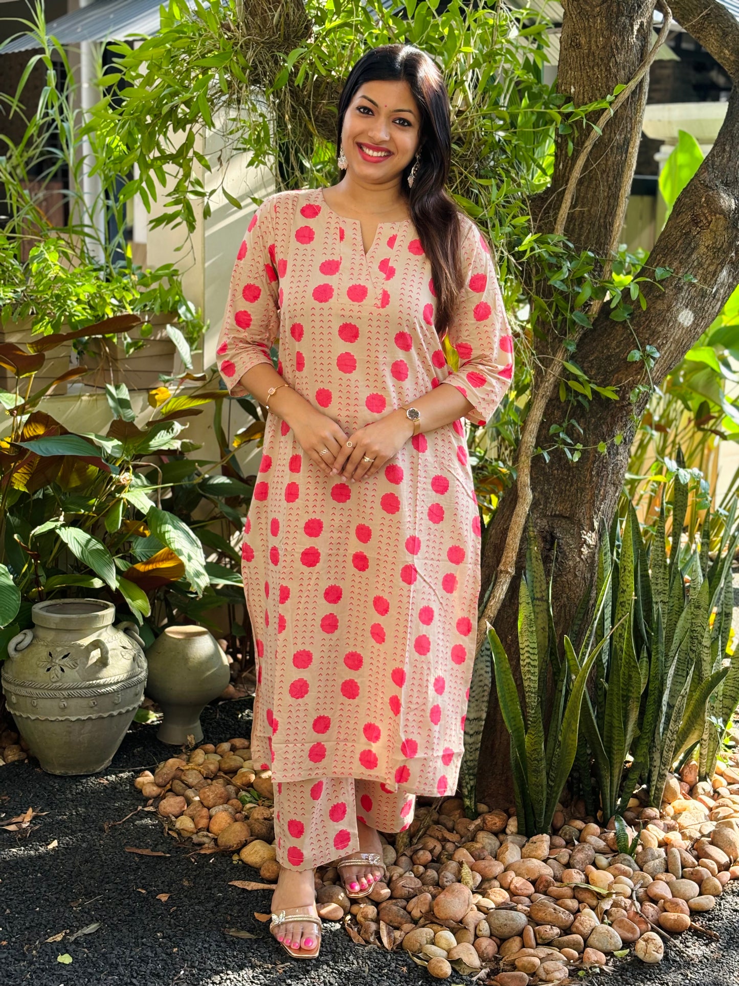 Beige Polka Dots Cotton Co-ord Set