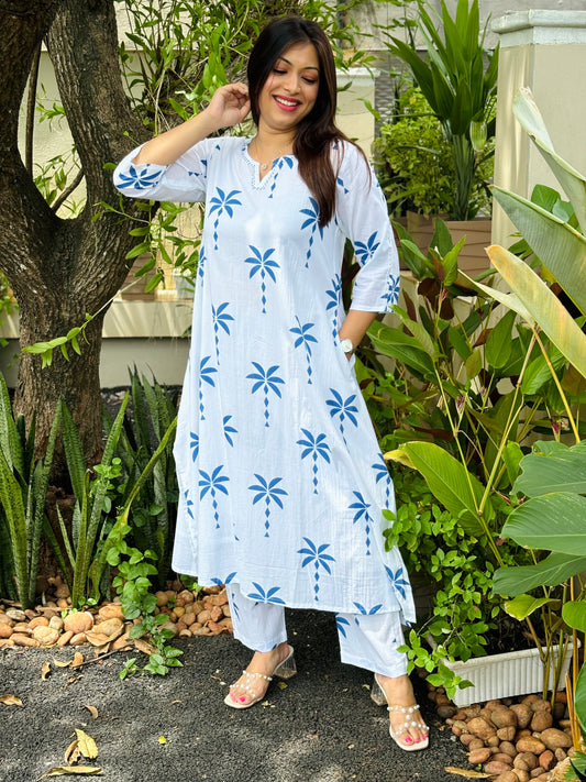 White and Blue Tropical Print Co-ord Set ( With Lining)