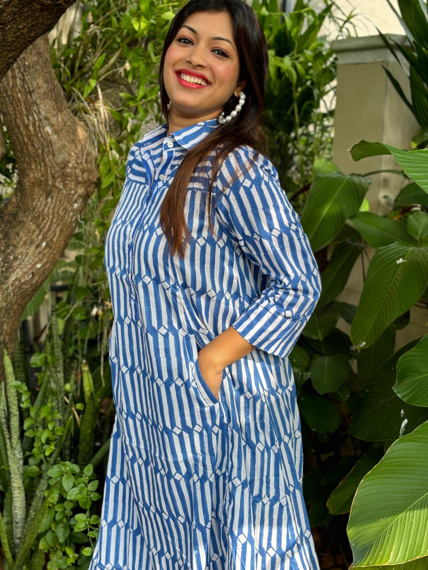 NEW! Blue and White Block Print A-Line Dress