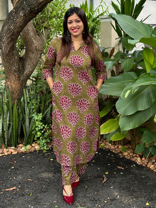 NEW! Olive Green with Maroon Floral Cotton Co-ord Set