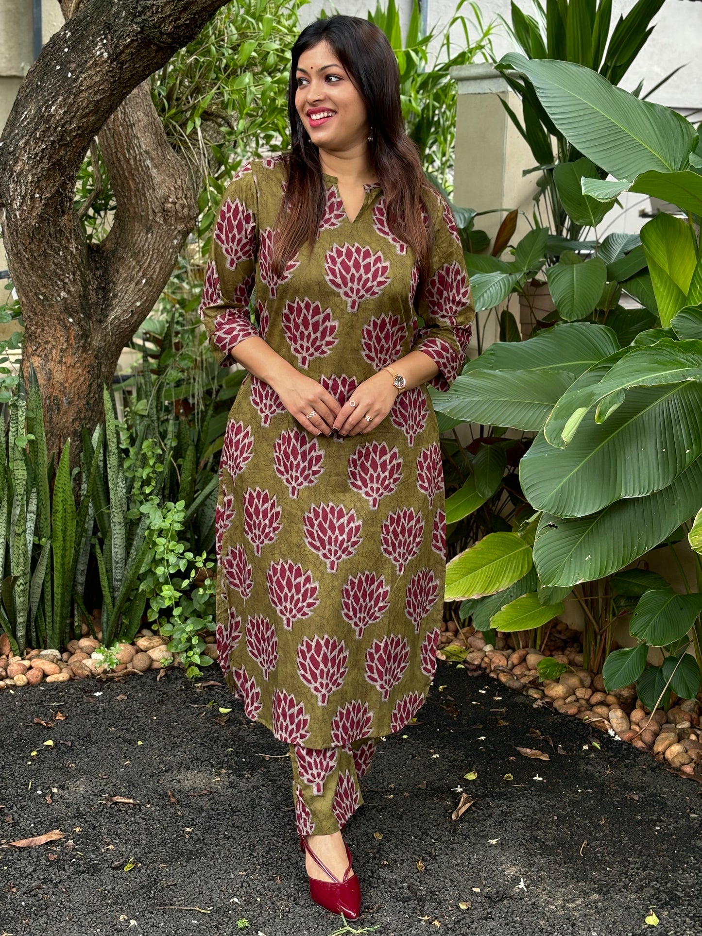 NEW! Olive Green with Maroon Floral Cotton Co-ord Set