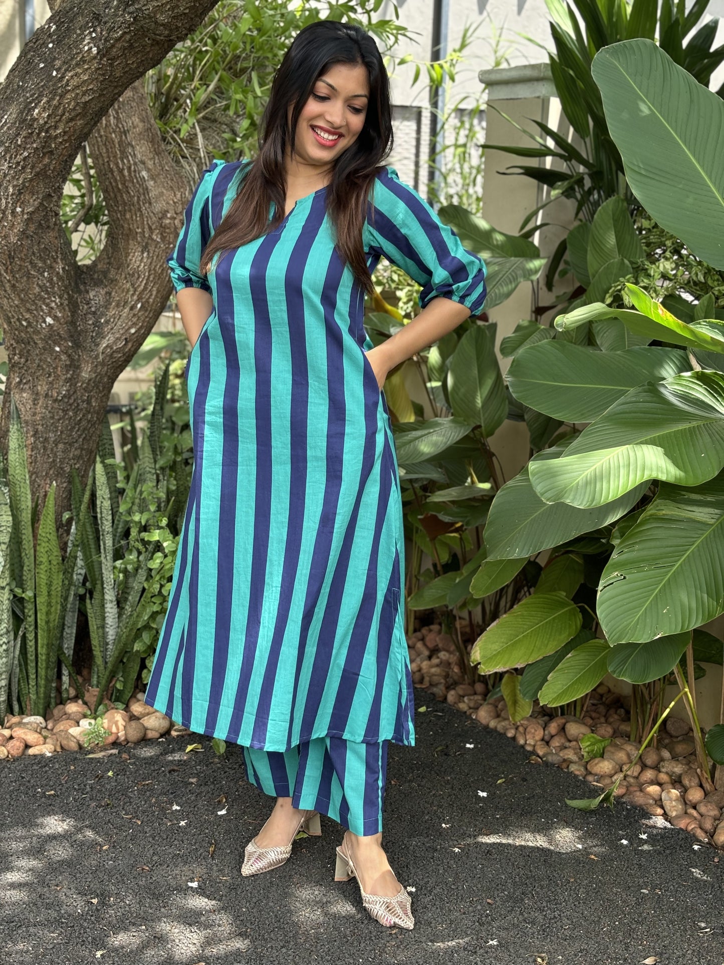 Turquoise Green and Navy Blue Stripes Cotton Co-ord Set