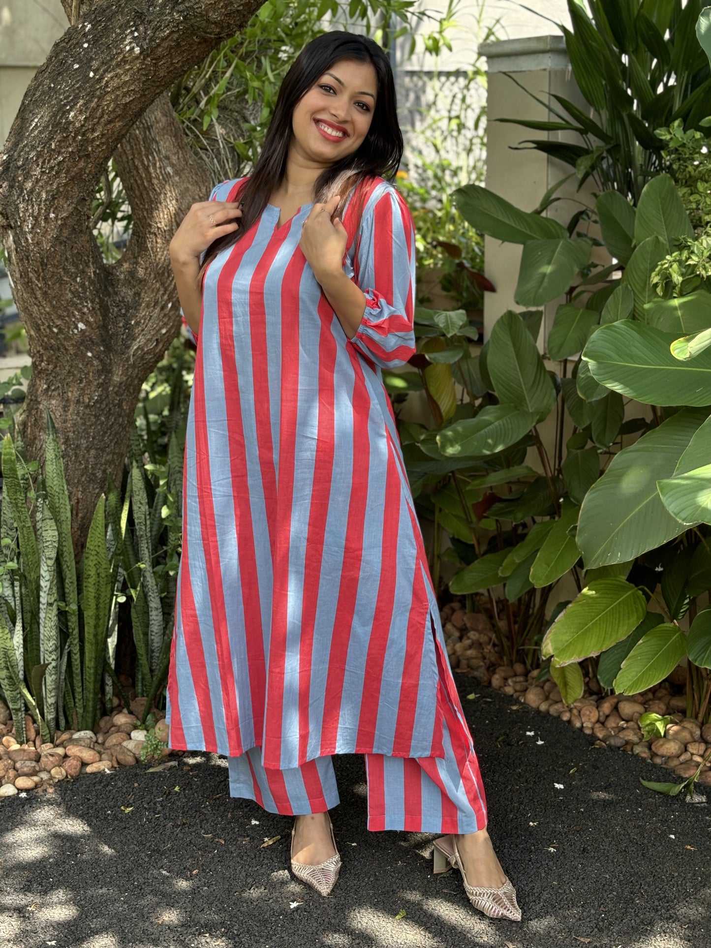 Tomato Red and Grey Stripes Cotton Co-ord Set
