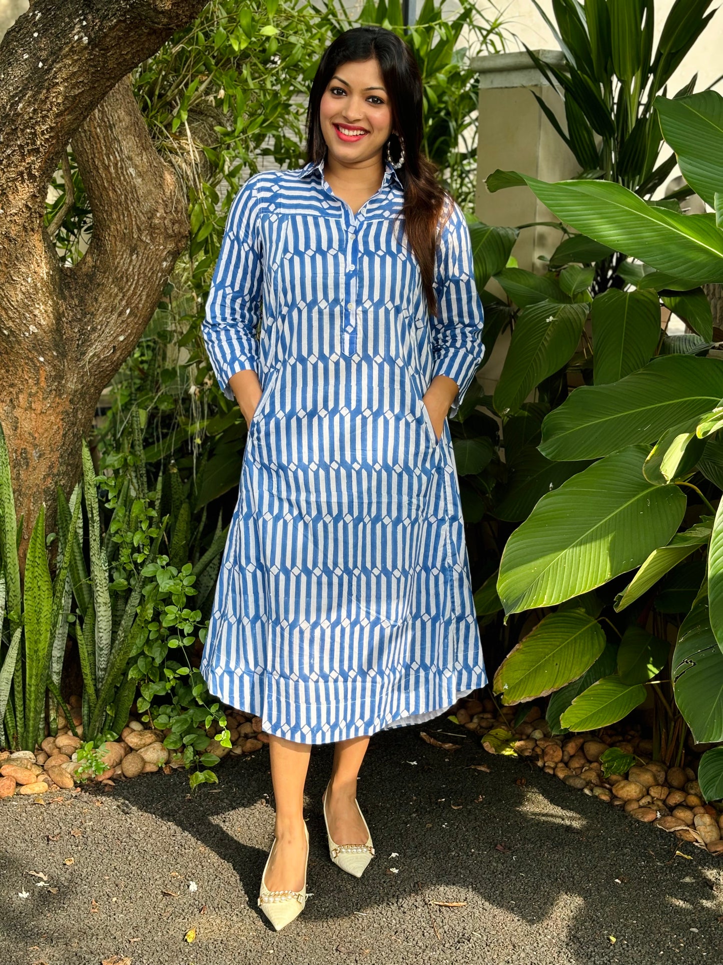 NEW! Blue and White Block Print A-Line Dress