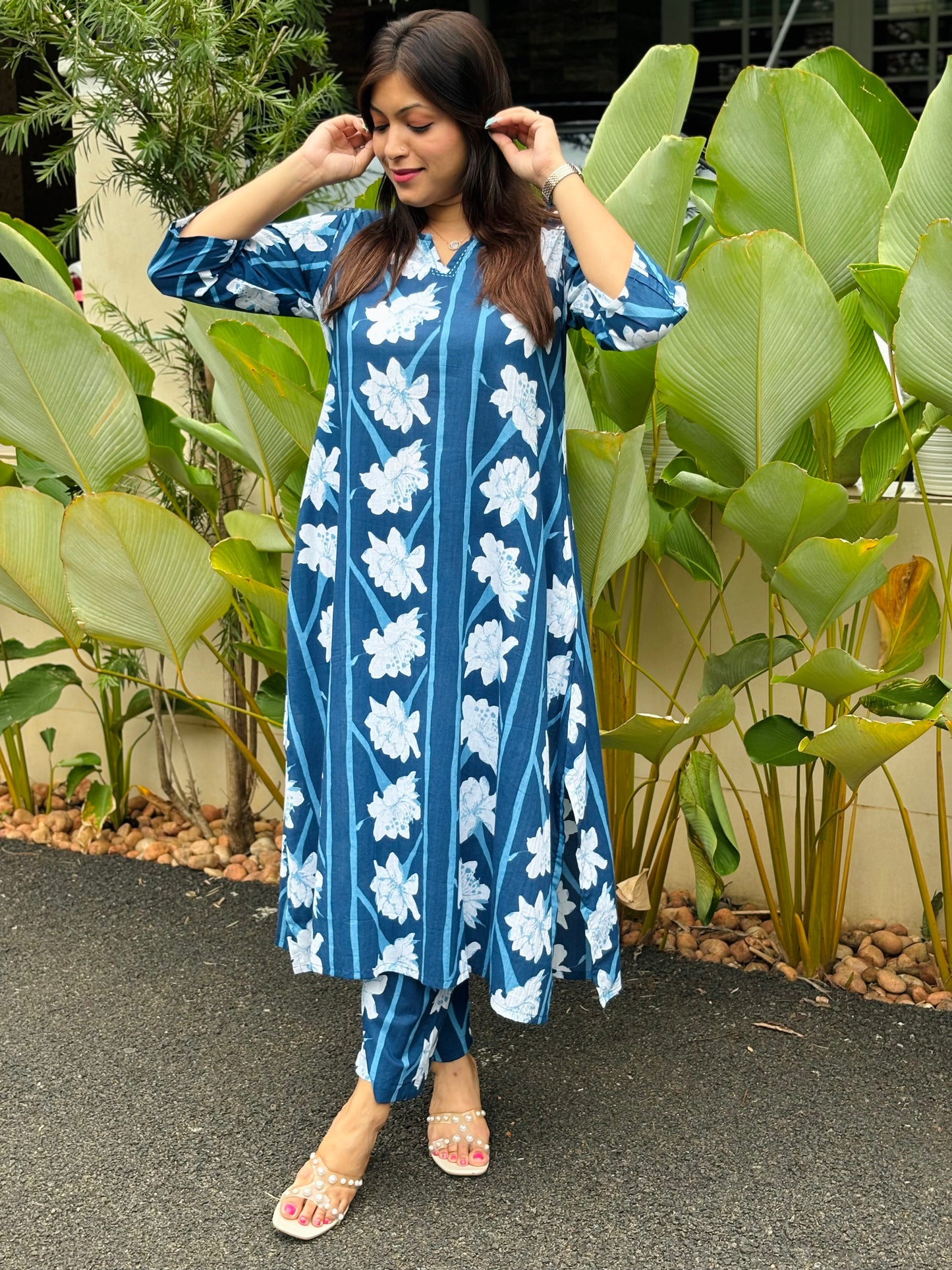 Indigo Blue Modern Floral Cotton Co-ord Set