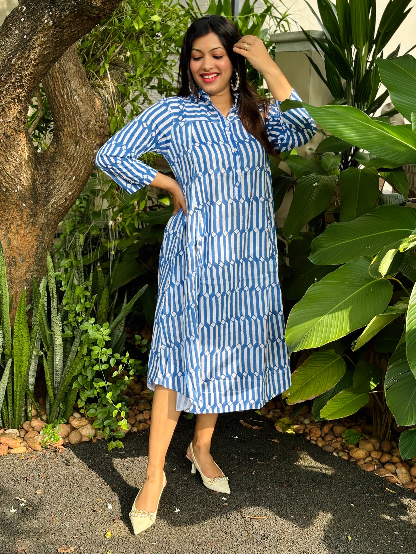 NEW! Blue and White Block Print A-Line Dress