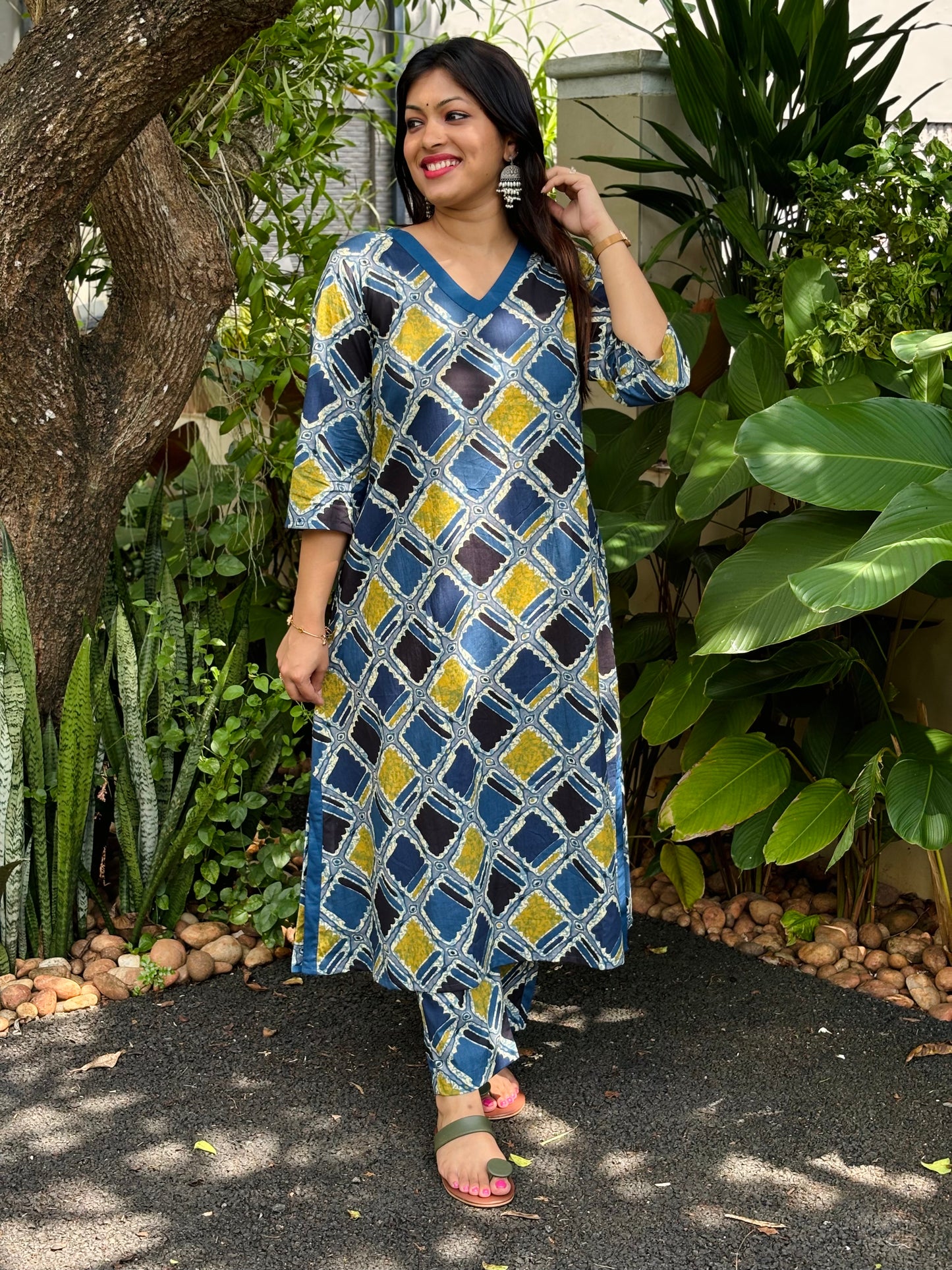 Teal Blue Geometry Ajrakh Print Cotton Co-ord Set