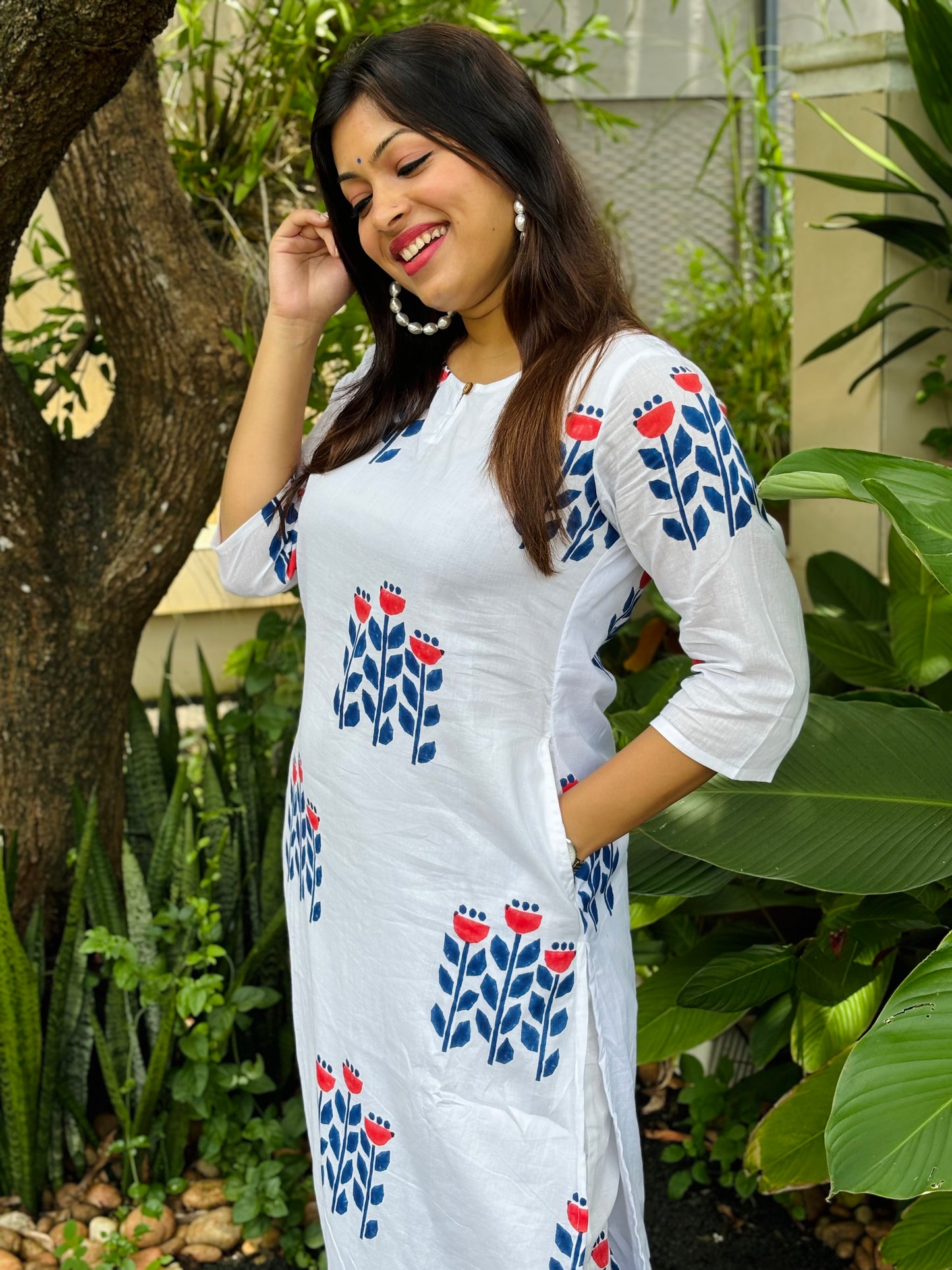 Blue Floral Block Printed Co-ord Set  - WITH LINING