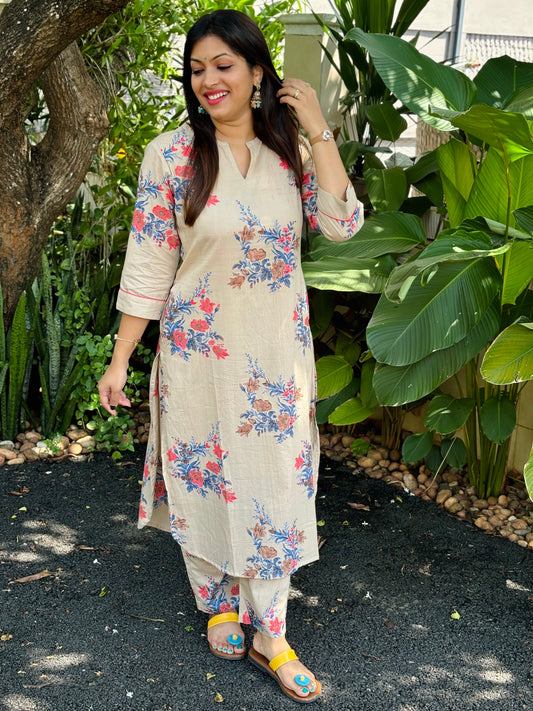 NEW! Beige Floral Cotton Co-ord Set