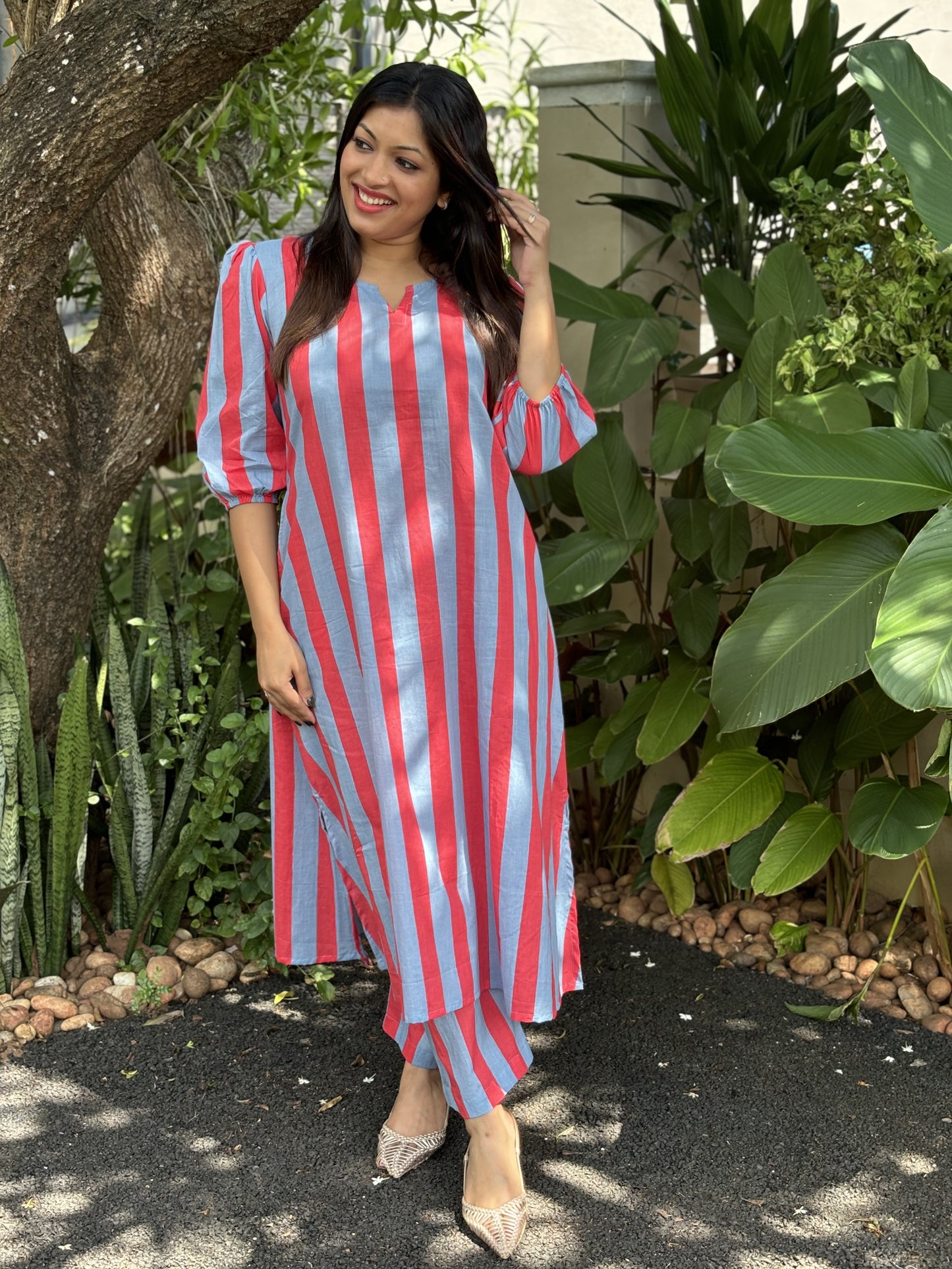 Tomato Red and Grey Stripes Cotton Co-ord Set