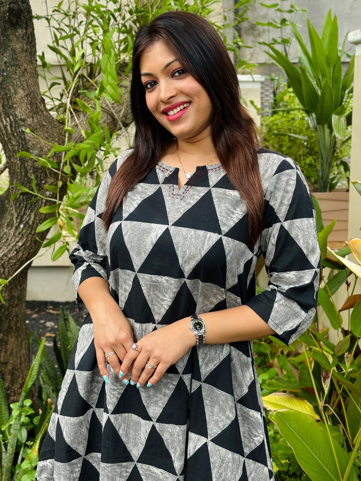 Black and Grey Triangle Print Cotton Co-ord Set