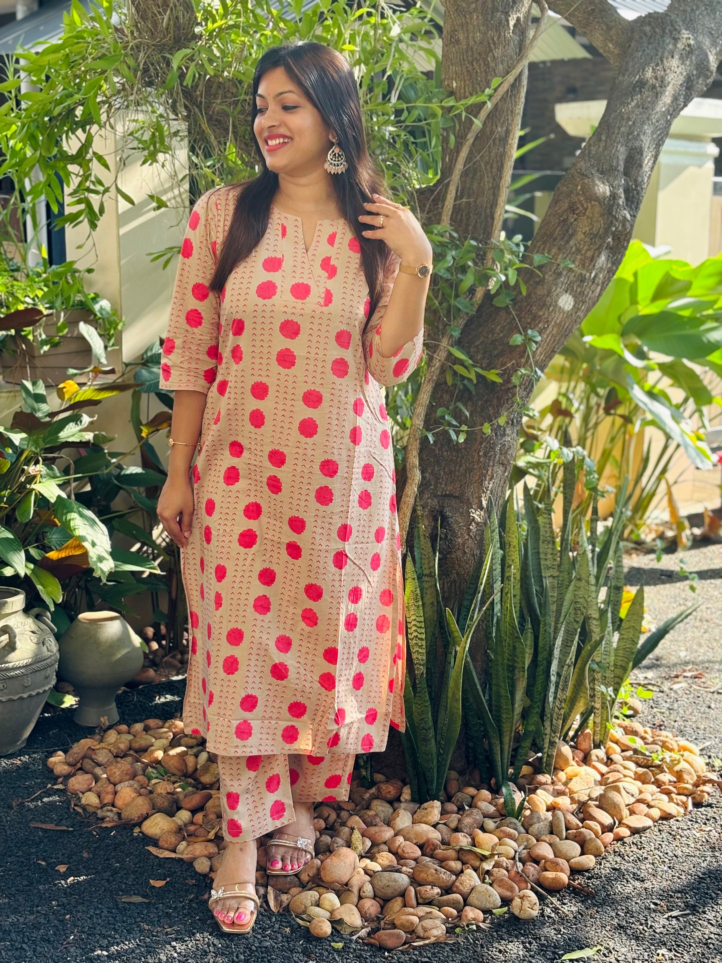 Beige Polka Dots Cotton Co-ord Set