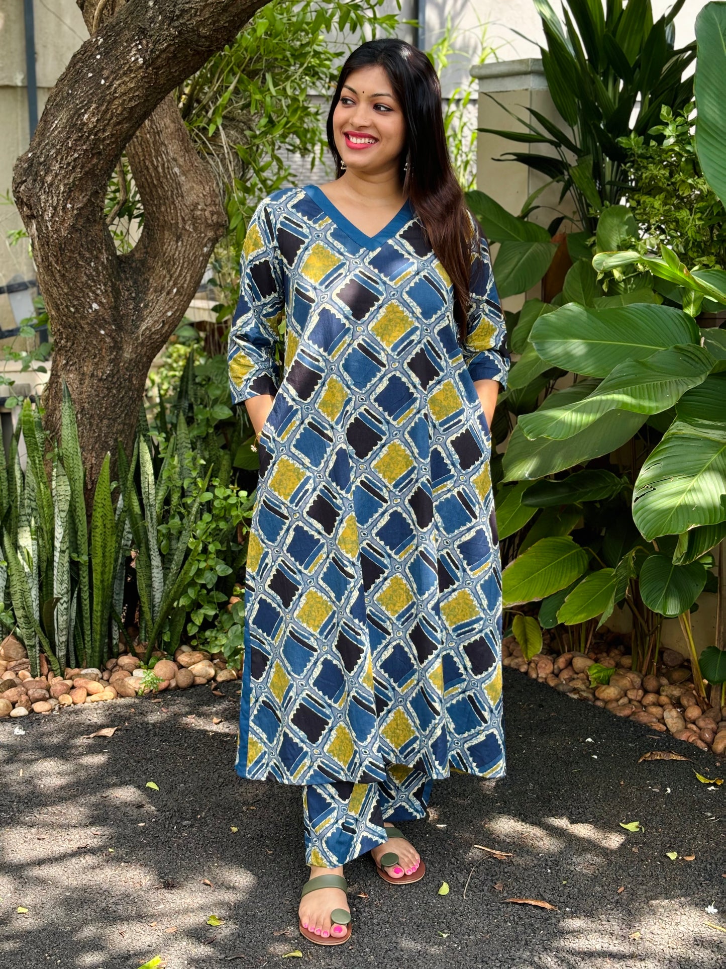 Teal Blue Geometry Ajrakh Print Cotton Co-ord Set