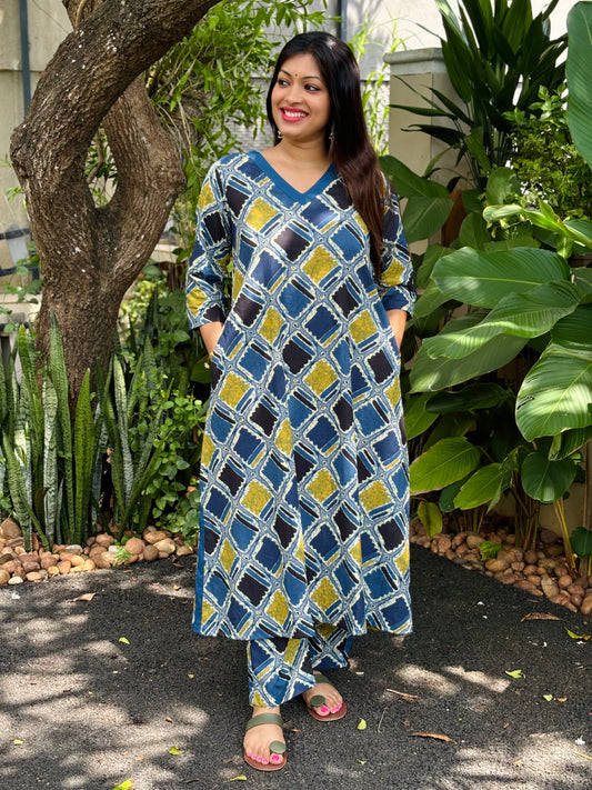 Teal Blue Geometry Ajrakh Print Cotton Co-ord Set
