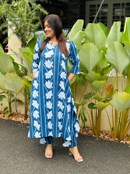 Indigo Blue Modern Floral Cotton Co-ord Set