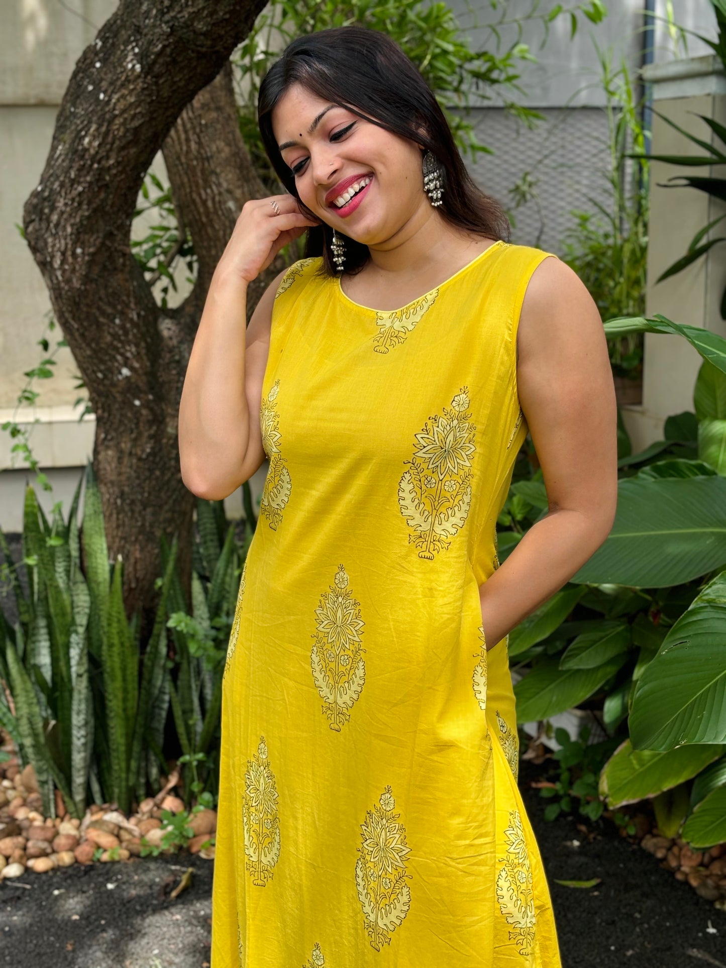 Yellow Dabu Print Co-ord Set  - (With Attachable Sleeves)