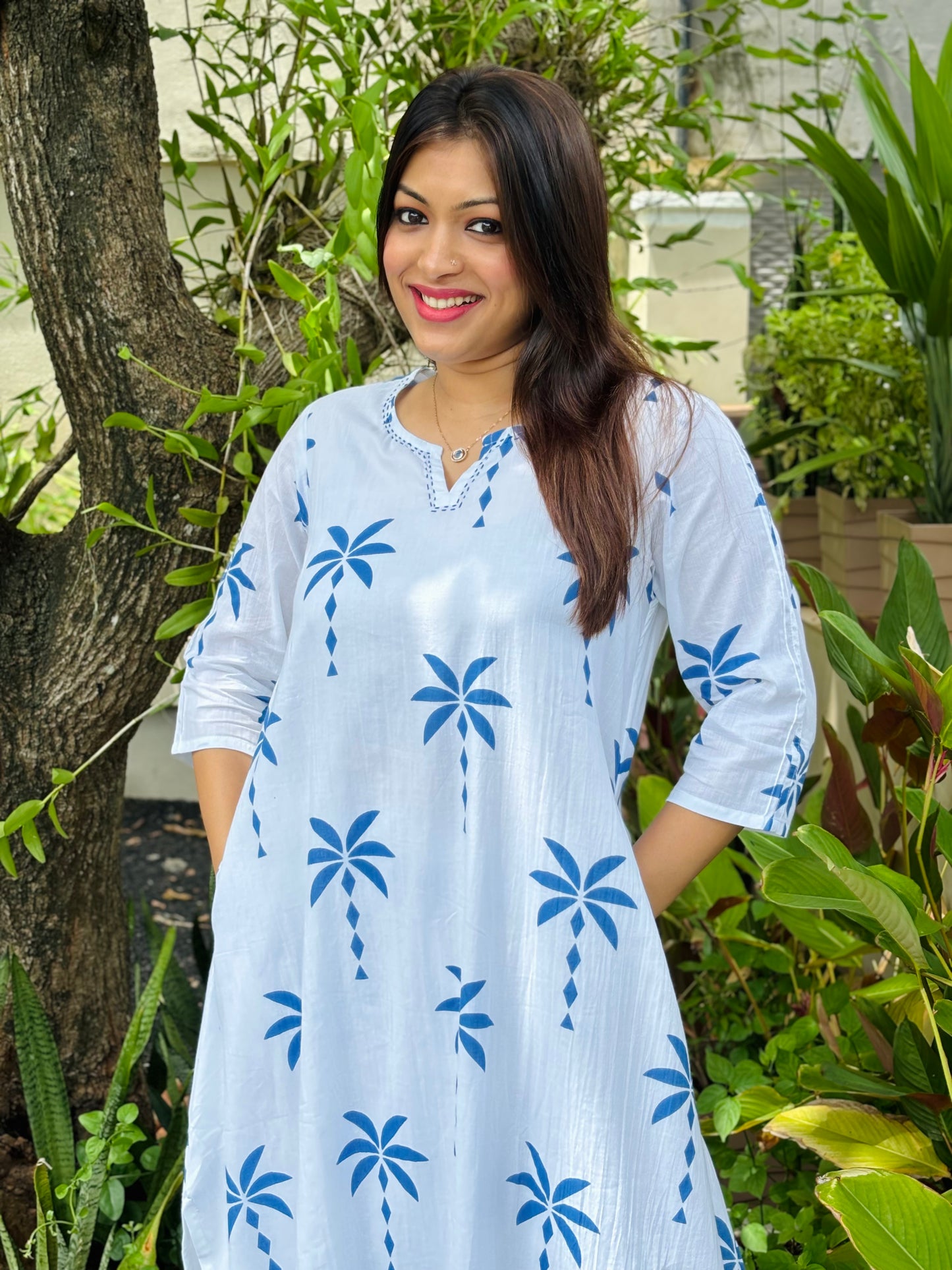 White and Blue Tropical Print Co-ord Set ( With Lining)