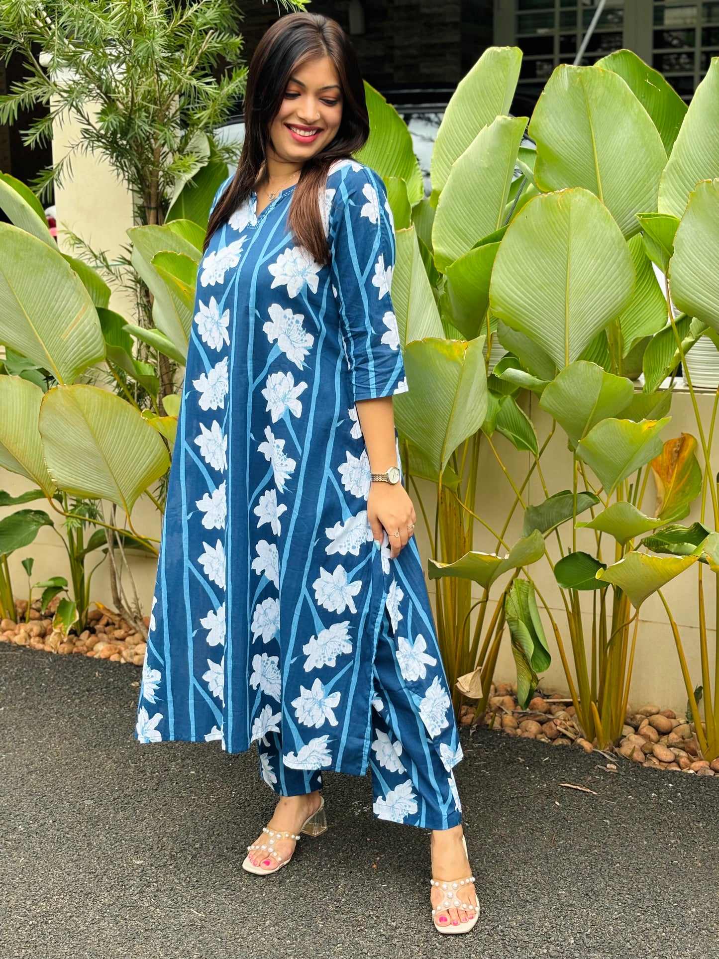 Indigo Blue Modern Floral Cotton Co-ord Set