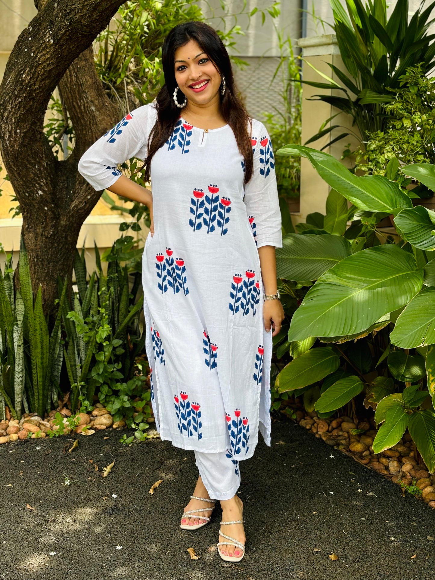 Blue Floral Block Printed Co-ord Set  - WITH LINING