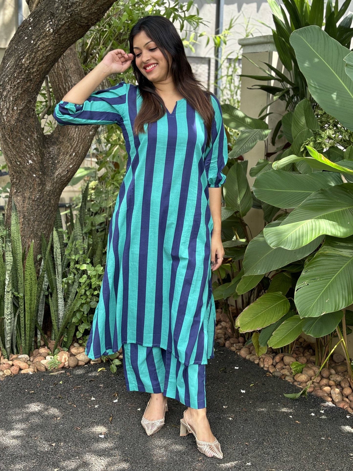 Turquoise Green and Navy Blue Stripes Cotton Co-ord Set