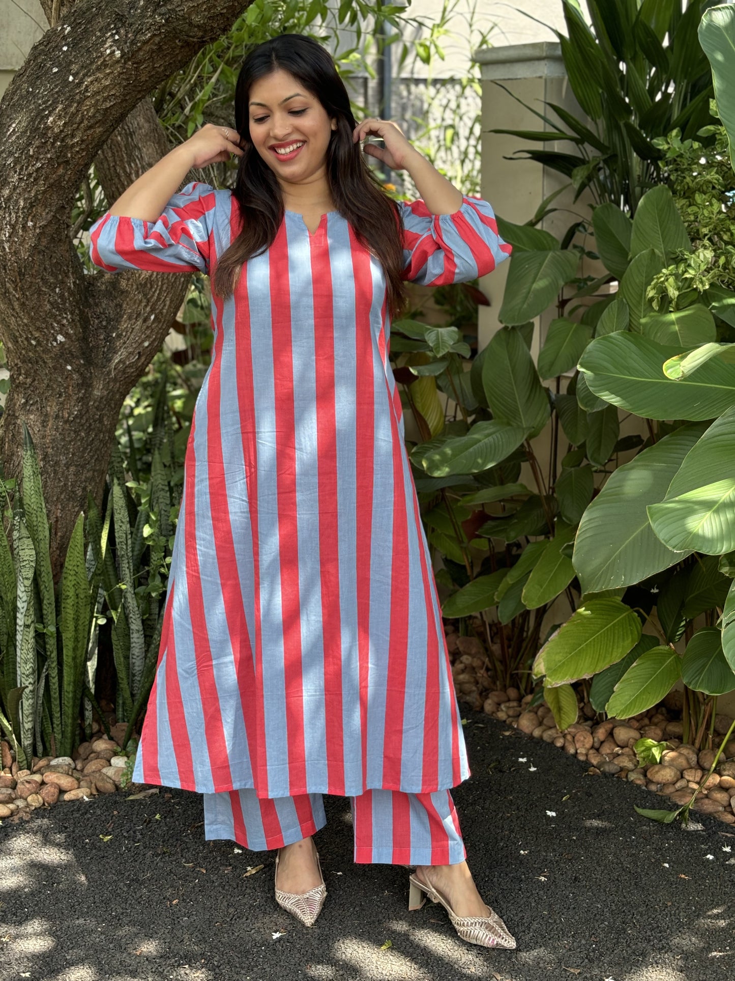 Tomato Red and Grey Stripes Cotton Co-ord Set