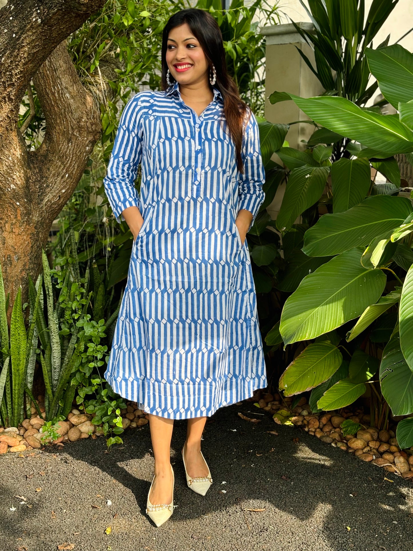NEW! Blue and White Block Print A-Line Dress
