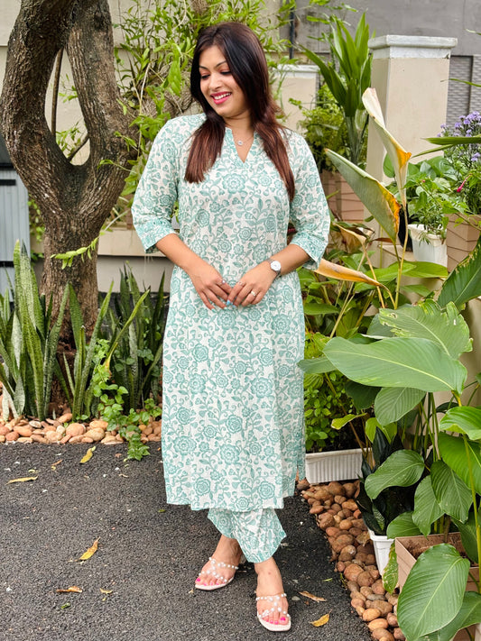 Sea Green Floral Cotton Co-ord Set