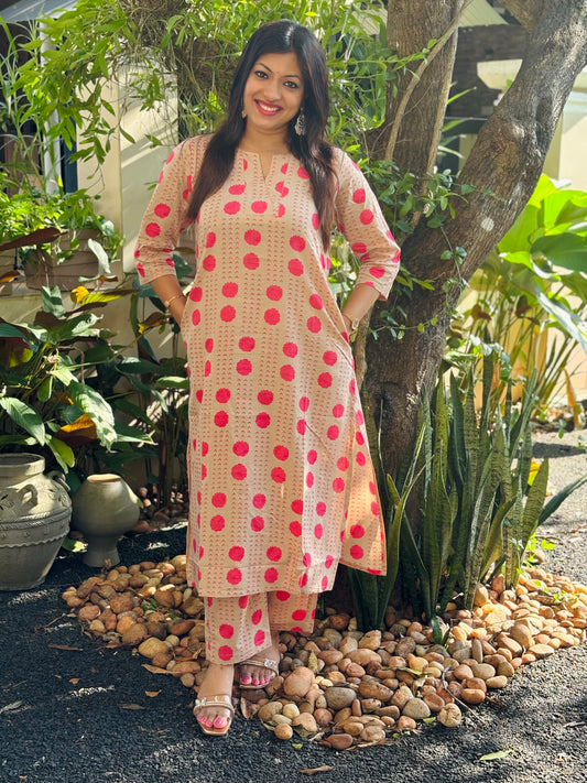 Beige Polka Dots Cotton Co-ord Set
