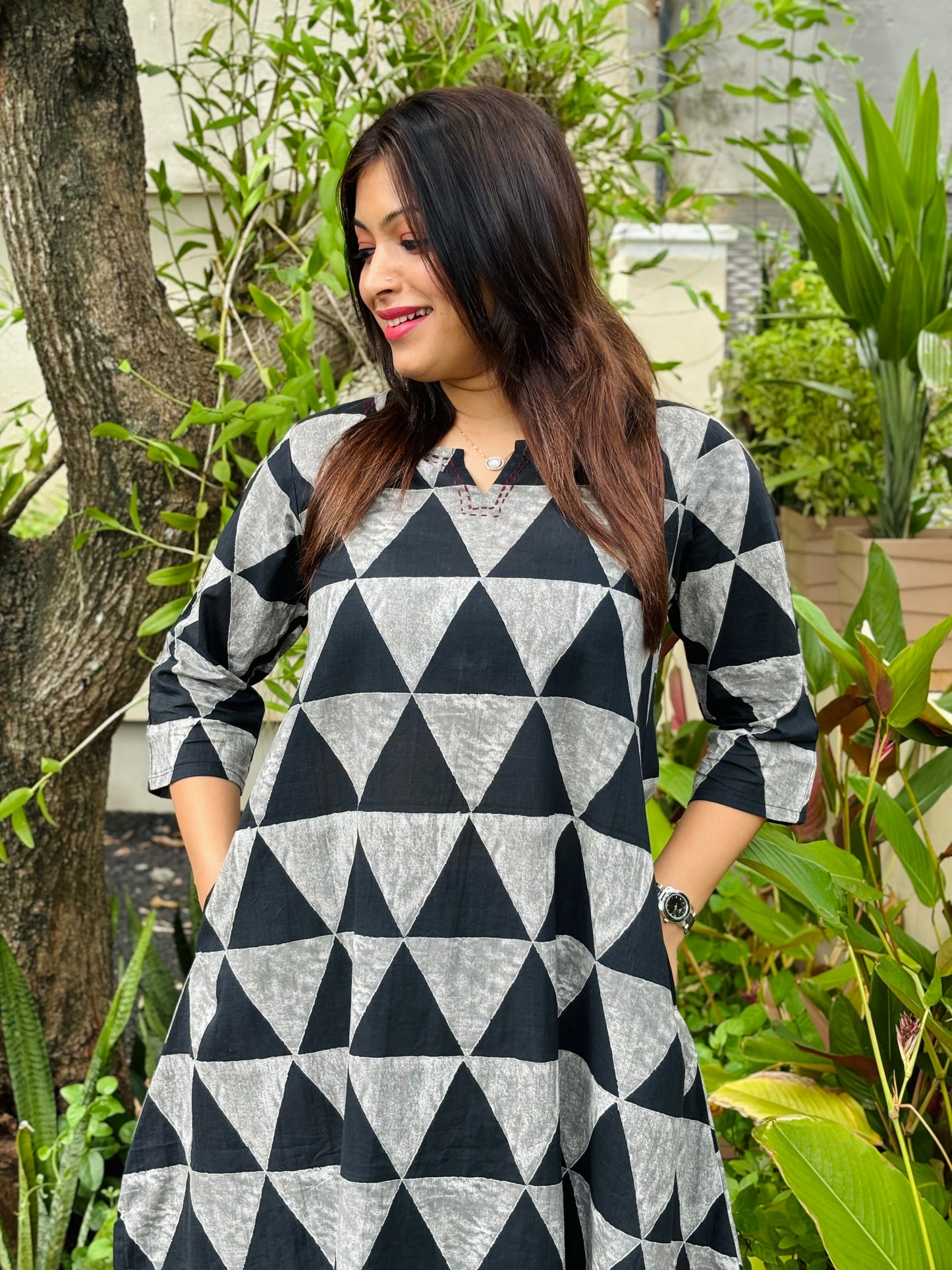 Black and Grey Triangle Print Cotton Co-ord Set