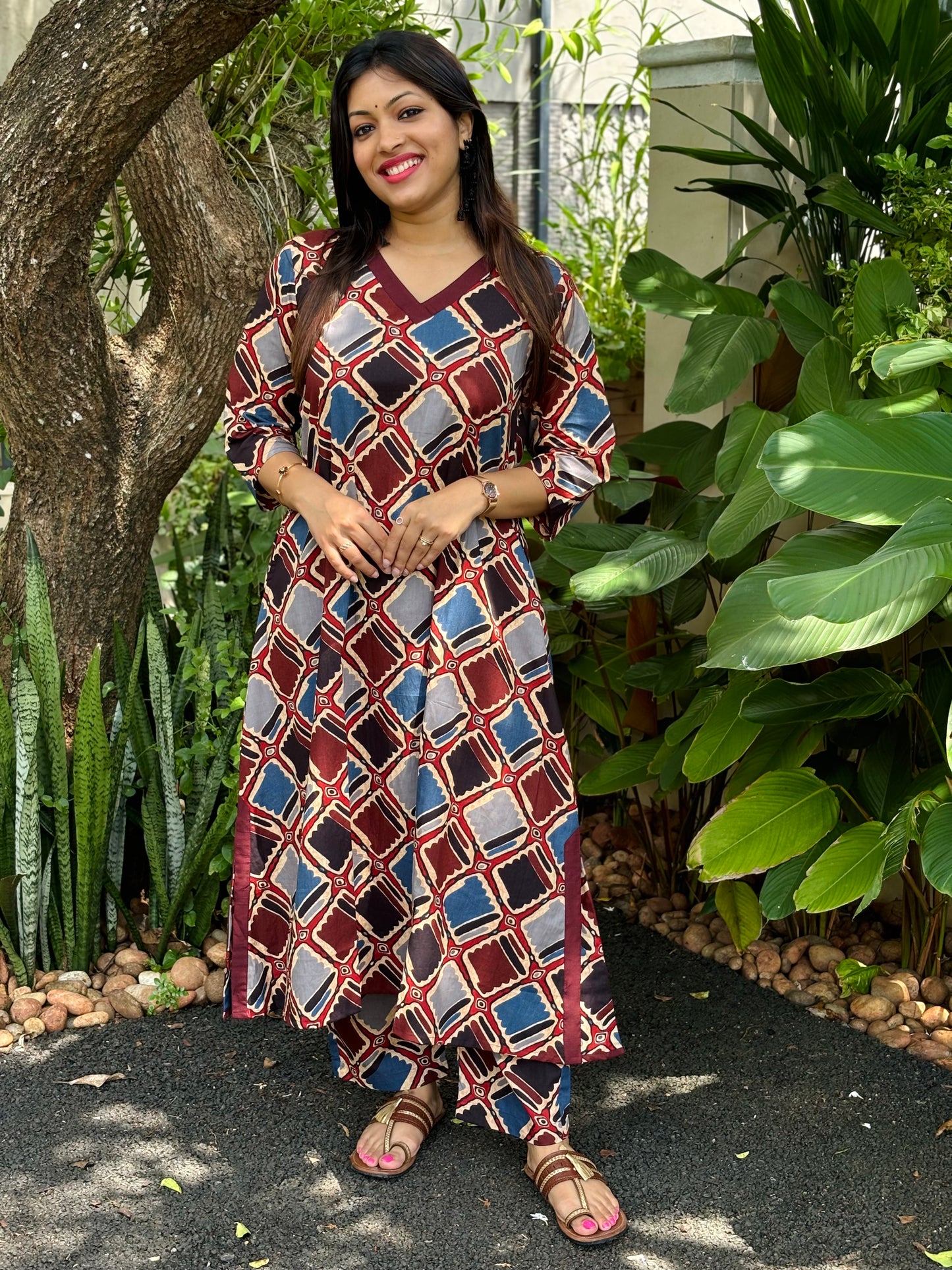Maroon Geometry Ajrakh Print Cotton Co-ord Set