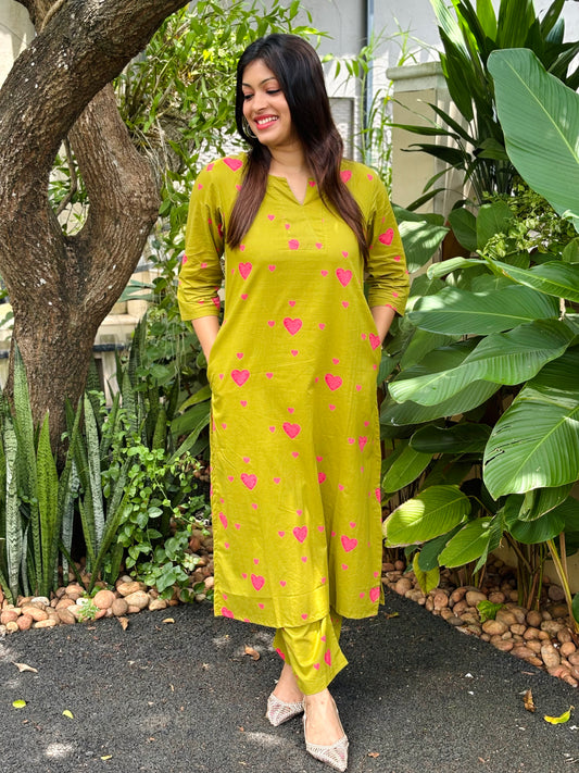 Olive Green Heart Cotton Co-ord Set
